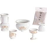 仏具5点セット 白磁金蓮 香炉+火立て+花立て+茶器+仏器 陶器 香炉灰付き 仏具セット ミニ仏壇用