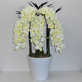 シンビジューム 光触媒 造花 鉢植え Mサイズ-5本立 下垂性 H77cm(白・黄-白鉢)