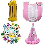 誕生日 1歳 パーティー 飾り 5点 セット 数字風船 バースデー風船 三角帽 スタイ よだれかけ ハンドポンプ (女の子)