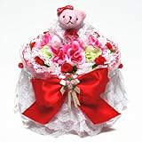 ３層のレースと大きなリボンやお花でデコレーションした円形 おむつケーキ (レッド)