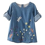 S&T　デニムワンピース　子供服　女の子　花の刺繍　半袖　バックボタン付き　膝上丈　春夏　柔らかい　110