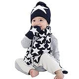 （Ginty)ニット帽 セット 子供用 マフラー&手袋 セット 星柄 可愛い ハット　キッズ　クリスマス　プレゼント 誕生日　秋 冬　男の子 防寒 キャップ (S, 紺色３点セット)