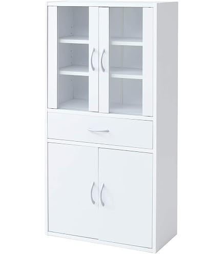 Amazon｜幅 60cm 木製食器棚 マグネット式扉付き 棚板可動 引き出し 