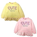 (イエロー/90cm)子供服 女の子 トレーナー 長袖 ミニ裏毛 ロゴ フロントプリント 裾フリル切替 ドット 花柄 Aライン 女児 ベビー