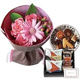 花とスイーツ ギフトセット かわいい ピンク バラ ミックス花束 と ホテルオークラ　焼き菓子セレクト 写真入り・名入れメッセージカード