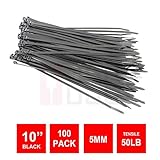 BuyCheapCables® 10" Black Nylon Cable Zip Ties Self Locking 5mm Tensile Strength 50lbs, 100-Pack [並行