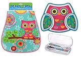 Stephen Joseph Toddler Meal Gift Set - Divided Plate, Wipeable Bib and Silverware Set - Owl Theme by