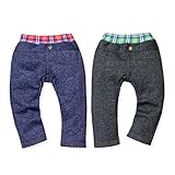 ベビー服 男の子 ロング パンツ ボトム 裏起毛 デニム調 チェック切替 ウエストゴム 男児 ベビー (1.ネイビー/80cm)