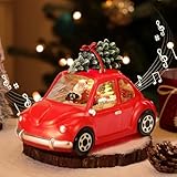 Lewondr スノードーム 車の形 クリスマススノードーム LEDライト内蔵 8曲自動ループ クリスマスプレゼント インテリア 置物飾り クリスマスプレゼント サンタさんが運転中 Red