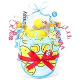ご出産のお祝いにハッピーな贈り物♪オムツケーキ 《スマイリー ダッキー》 SASSYラバーダッキーとSMILEソックス＆ビブのおむつケーキ (ブルー)