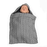 ベビー ニットおくるみ 赤ちゃん 柔らかい柔らかい肌触り 手編み感 ブランケット 出産祝い フード付きラップ 暖かい寝袋　ライトグレー