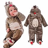 クリスマス 着ぐるみ 赤ちゃん ベビー服 カバーオール 新生児 フード付き トナカイ コスチューム もこもこ 可愛い 出産祝い (M, コーヒー色)