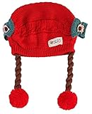 Plus Nao(プラスナオ) ニット帽 ニットキャップ ベビー帽子 ぼうし 赤ちゃん用 子供用 つけ毛付き ウィッグ付き 三つ編み付き おさげ付き - レッド