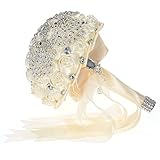 walmeck 8 cmハンドメイドのウェディングブローチラインストーンブライダルブーケサテンローズフラワーウェディングsupplies-beige