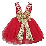 Hibote　2017 ベビー　キッド　子供　ガールズ　ちょう結び　レースのプリンセススカート　夏のスパンコール　ドレス 0-5 歳 　 レッド/1-2歳