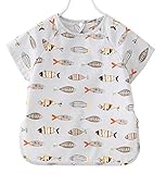 ZooArts ベビー 子供用 お食事エプロン スモック 可愛い動物柄 半袖 夏用 防水 洗いやすい 離乳食 お絵かき用 泥遊び用 (小魚, 90（2-3歳）)