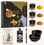 Plearty 金継ぎ補修キット ゴールド食品安全 60g メタリックゴールドマイカパウダー 15ページブックレット 2 セラミック ミニディップボウル 50ml エポキシ樹脂 日本の金継ぎ補修キット DIYクラフト 陶器補修