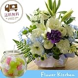 お供えセット ユリ供花アレンジ カラーは白に青紫を入れて+「こんぺいとうキャンドル」スイーツキャンドル　ギフトセット