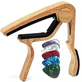 WINGOワンタッチギターカポタストエレキギター 、アコギ用カポ (ライトウッドカラー)-ピック5枚