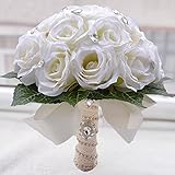 Abbieホーム花嫁Bouquets – ウェディングフラワーブーケハンドメイドローズラインストーンパールブライダル人工シルクフラワーの異なるデザイン 9*9*11 ホワイト