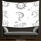 家の装飾タペストリーSketchy by Hand DrawnイメージのSun Moon Stars絵文字キッズ子供部屋アートプリントイメージのブラックとホワイト壁吊りベッドルームリビングルーム寮 1