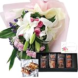 花とスイーツ ギフトセット 豪華 ユリ ピンクバラ 花束 と アマンド　六本木ケーキ 写真入り・名入れメッセージカード