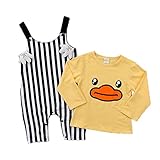 ベビー　子供服　女の子　男の子　綿　長袖　Ｔシャツ + サロペット　2点セット　 ストライプ　アヒルプリント　超可愛い　柔らかい　キッズ　赤ちゃん服　サスペンダーパンツ　出産祝い　記念日　普段着 (1