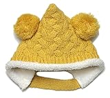 【ノーブランド品】前ボタン付きもこもこエルフニット帽（ボンボン）頭回り44-50cm 2重 モンキー帽子 とんがり帽 マスタード