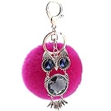 女性ファッション小物　ハンドバッグペンダント　合金のフクロウの人造毛皮の　ふわふわのポンポンボールキーホルダー　キーリング　ローズレッド
