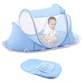 ベビーベッド用蚊帳 虫/蚊対策　持ち運べる テント式・ワンタッチ・簡単収納折り畳み式・底付き コンパクト 携帯用 夏 必需品 お出かけ モスキートネット ポータブル 選べる2色 (ブルー)