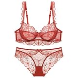 [Guoeappa] 魅力シースルーランジェリー レース ブラジャー ショーツセット セクシー パッド無し素肌に透け感 薄い 女性下着 レディース 上下セット(レッド,70D)