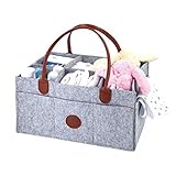 Extra Largeベビーおむつオーガナイザー、ポータブルレザーハンドル付き/折りたたみ式子供部屋装飾/ベビーシャワーギフトバスケット/グレー、100 %フェルト、4取り外し可能なディバイダー