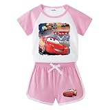 OUHUAN カーズ 子供 パジャマ ベビー キッズ 夏服 半袖Ｔシャツ ショートパンツ 上下セット 綿 丸首 トップス カジュアル ルームウェア 男の子 女の子 赤ちゃん 服 ホーム服 コスチューム 部屋着 日常着 （ピンク①，90）
