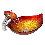 Tophome 洗面ボール ガラス 洗面台 洗面ボウル 蛇口セット　強化ガラス製 手洗い器おしゃれ 洗面鉢彩色上絵 手洗い器　手洗器 排水金具付 蛇口付き 葉型　レッド