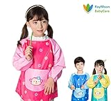 Raymoon おしゃれ　子供用　絵画　食事エプロン　ポリエステル　長袖　保育園　防水　防汚 ピンク
