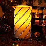 Home impressions Battery Operated Flameless Real Wax Pillar LED Candle with Timer and Embossed Gold 