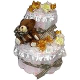 おむつケーキ【出産祝い】2段チェックリボン＆ブラウンベア出産祝い女の子ケアベアのタオル付き