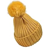 Plus Nao(プラスナオ) 子供用 ニット帽 ファーボンボン付き リブニット ワッチ ビーニー ニットキャップ キッズ ジュニア シンプル 無地 女の子 男の子 冬帽子 - イエロー