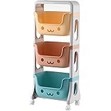 おもちゃ箱 絵本棚 絵本ラック 子供用 おもちゃ収納 バスケット 3/4段 3/4マス ストッパー付き キャスター付き 収納カート おしゃれ 可愛い 大容量 安全 長39.5*幅25.5*高123.5cm キッズ収納 子ども 子供部屋 (3階)