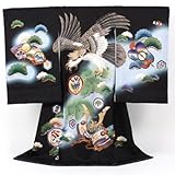 男物お宮参り着物「黒地グラデーションに大鷲と兜」お宮参り・産着・祝着