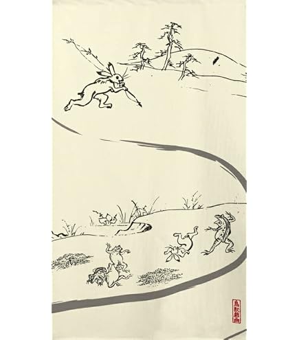Amazon.co.jp: 暖簾（のれん） 麻100％ 鳥獣戯画 日本製 120cm n