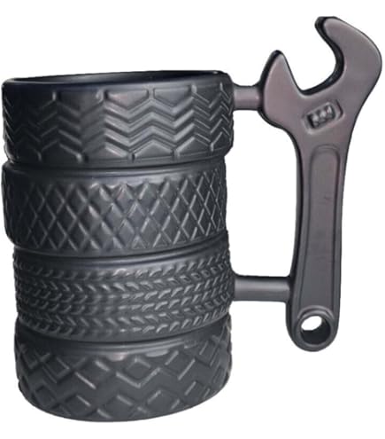 Tire Design Coffee Mug - 11 Oz Stainless Steel Interior, Novelty Black Cup