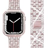 対応Apple Watch Series 8 41mm 2022 /7 41mm 2021用 ケース バント アップルウォッチ 8 41mm 交換バンド ラインストーン 光沢度高い お洒落 傷防止 超簿軽量 PC材質ケース 高級ステンレスバンド Apple Watch 7 カバー（41mm|ローズピンク）