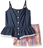 米国ポロ協会。ベビー女の子シャンブレーペプラムタンクトップand Plaid Short カラー: ブルー