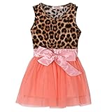 Ochine ファッション　女の子　ヒョウプリントワンピース　ガールズ　女児　かわいいリボンボウ　プリンセスドレス　春夏　誕生日　入学式　子供の日　遊園地に (100)