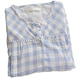 Godlovefull ネグリジェ 前開き　長袖　チェック柄　春　夏　秋　ロング丈　綿　ルームワンピース　ルームウェア　2重ガーゼ　部屋着　入院 産後 授乳口付き マタニティ　パジャマ (XL, ブル