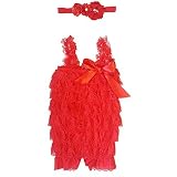 The Ruffled BumレッドGirls Romper Withレッドコットンキャンディヘッドバンド カラー: レッド