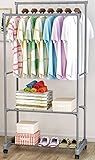 SUOERNUO ハンガーラック　ワードローブ　棚板2枚　前後ハンガーパイプ　キャスター付き　組立簡単　楽々移動　衣類収納　メタルラック　　 (グレー)
