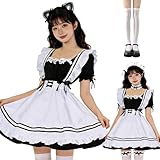 [Qichenk] メイド服 猫 セット コスプレ 初心者向け 定番デザイン 可愛い細かいレースエプロン ショート丈 学園祭 ハロウィン ネコ メイド仮装 D8060-XL