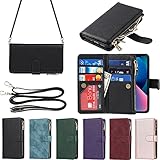 Eastwave アイフォン14 ケース for iPhone 14 縄掛けケース for iPhone14 手帳型 財布型 ICカード コインポケット ストラップ付き カード 収納 小銭入れ ファスナーポケット付き PUレザー 6色ブラック